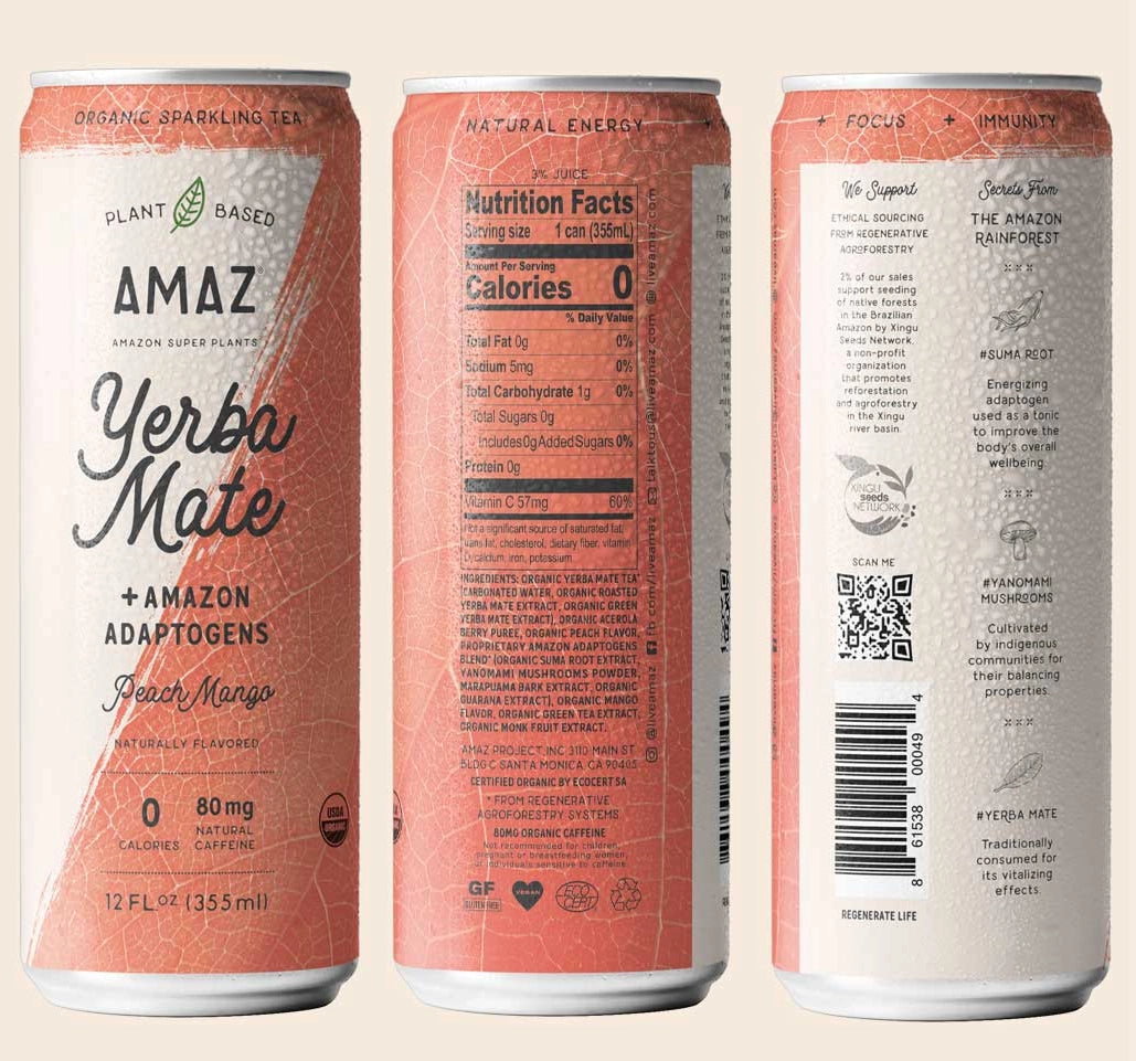 Peach Sparkling Yerba Mate Drink, Natural Caffeine