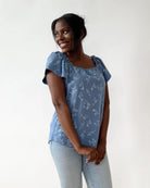 Blue Floral Work Top Apex Ethical Boutique