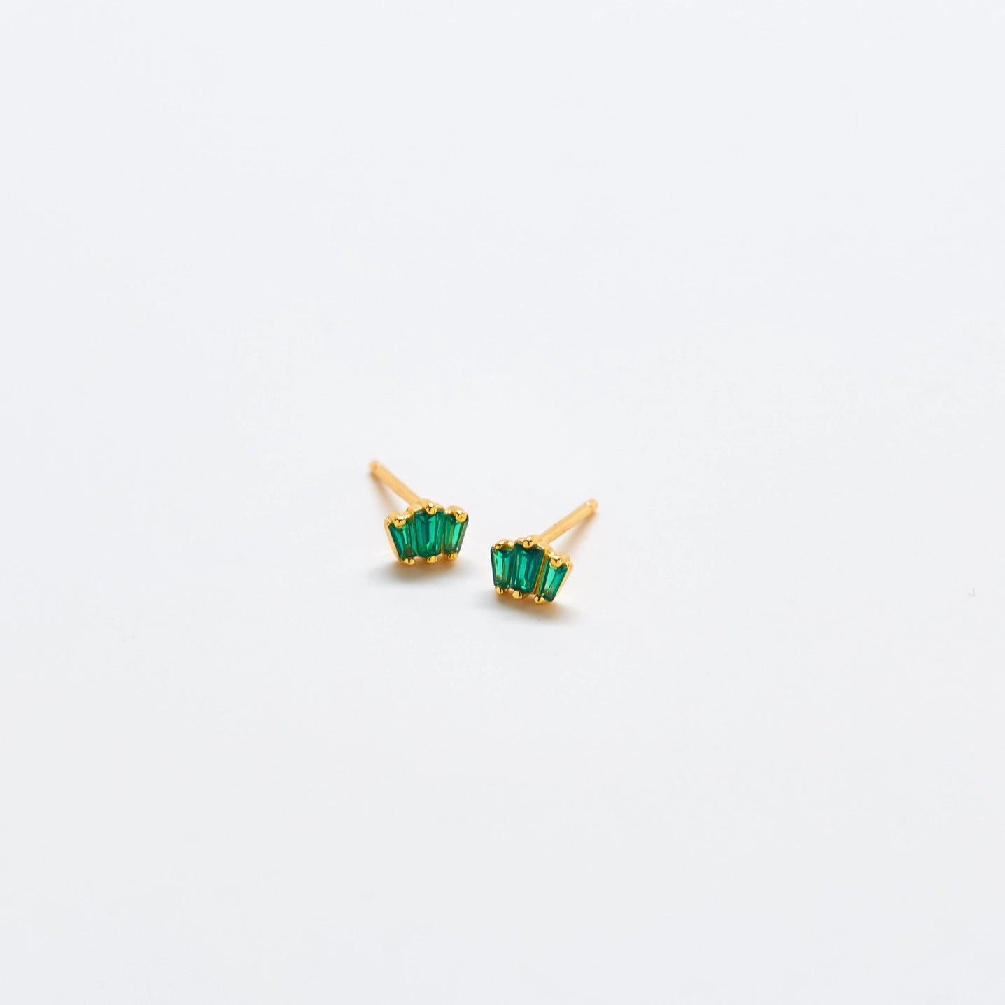 Green Trio Baguette Gold Studs