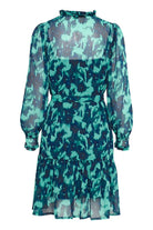 Blue and turquoise printed above the knee work dress