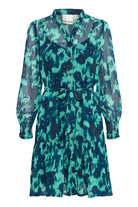 Blue and turquoise printed above the knee work dress