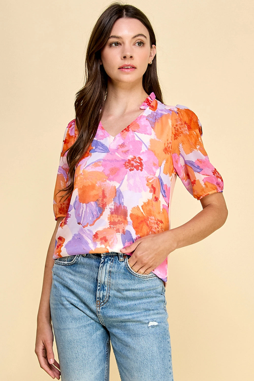 Peach Floral Top Apex Ethical Boutique