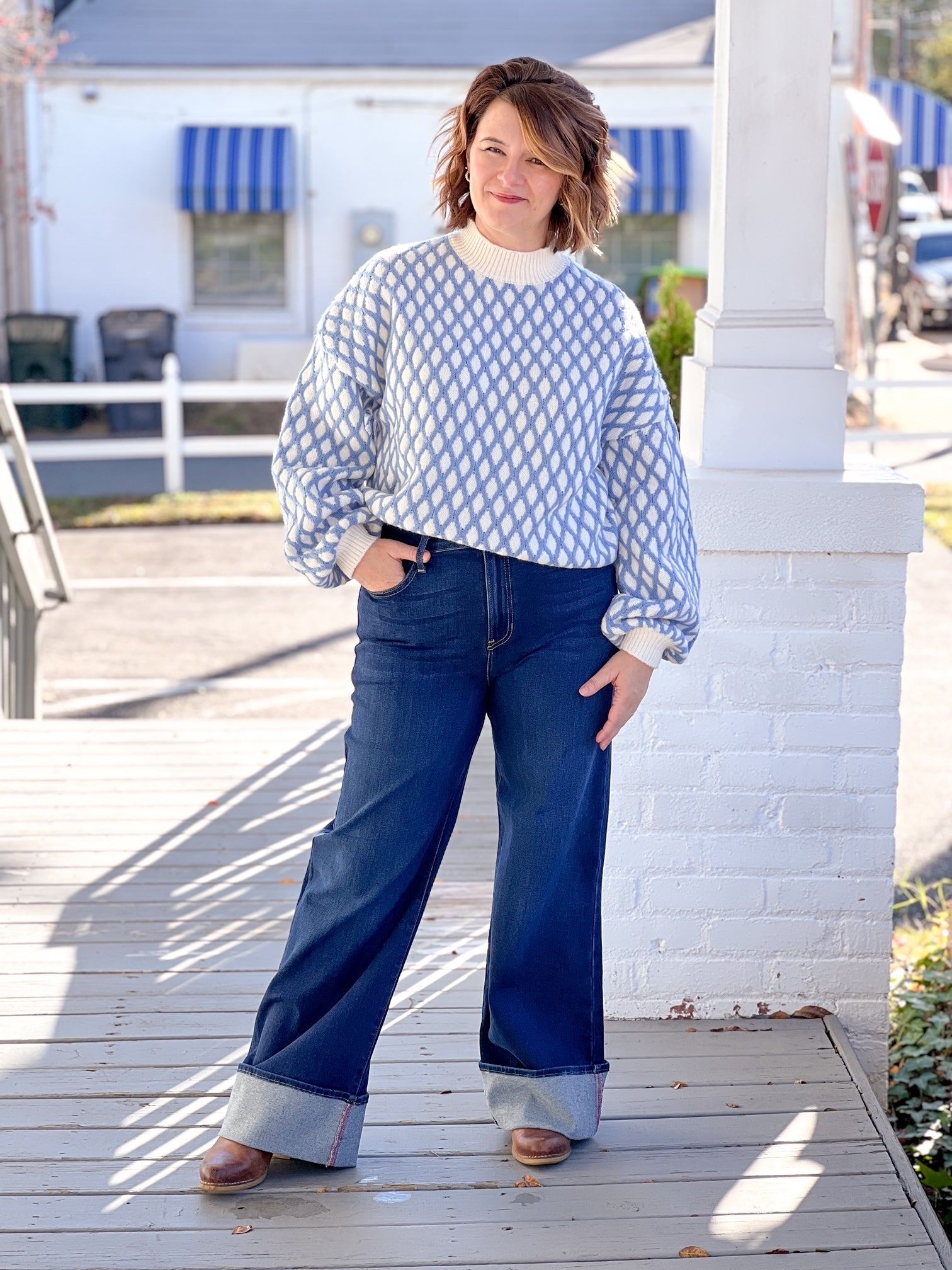 blue and white sweater drop shoulder