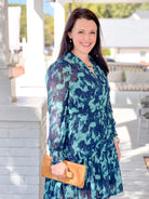 Blue and turquoise printed above the knee work dress