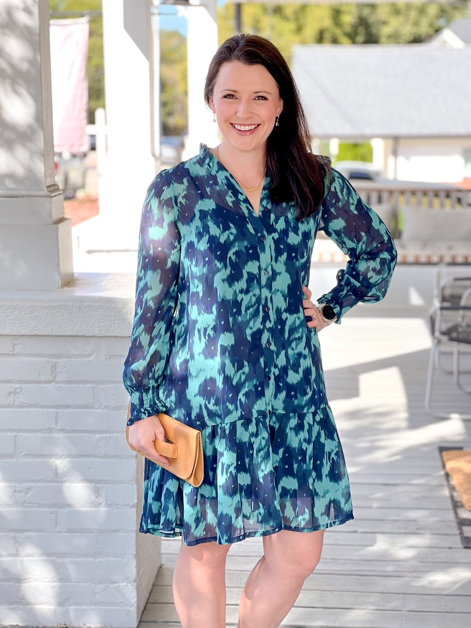 Blue and turquoise printed above the knee work dress