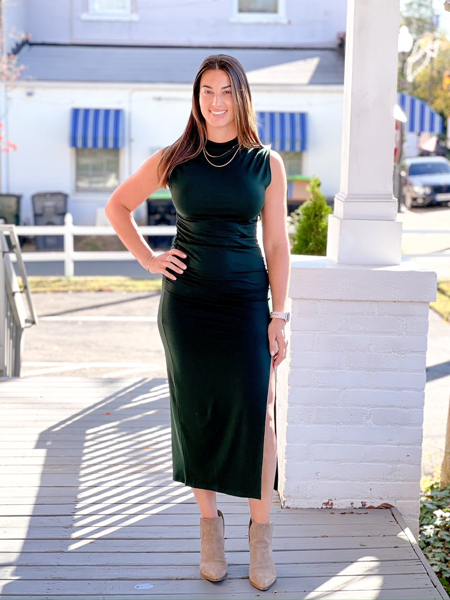 Deep forest green midi bodycon sleeveless turtleneck dress 