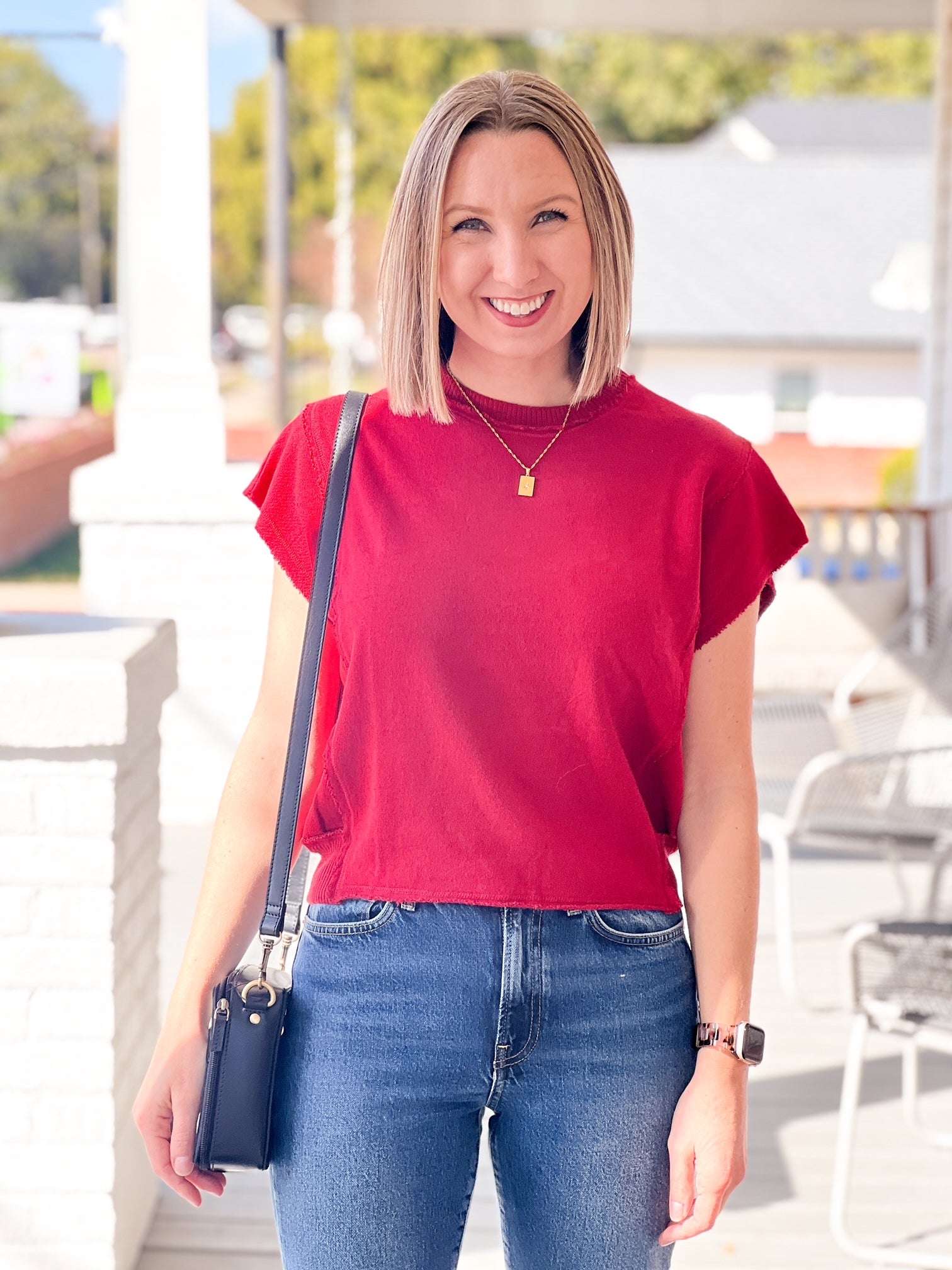 short sleeve casual red top raw edges detail box fit