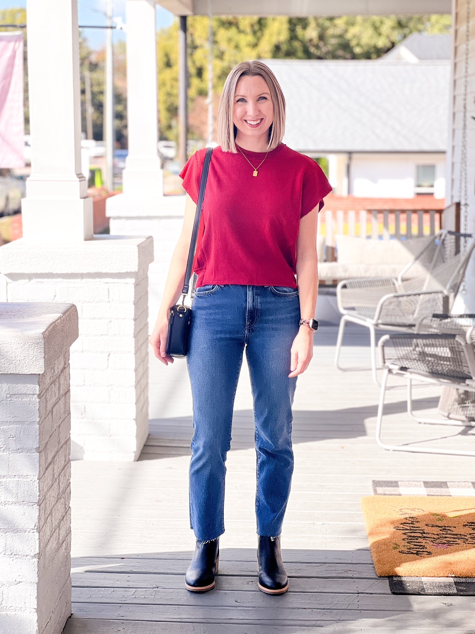 short sleeve casual red top raw edges detail box fit